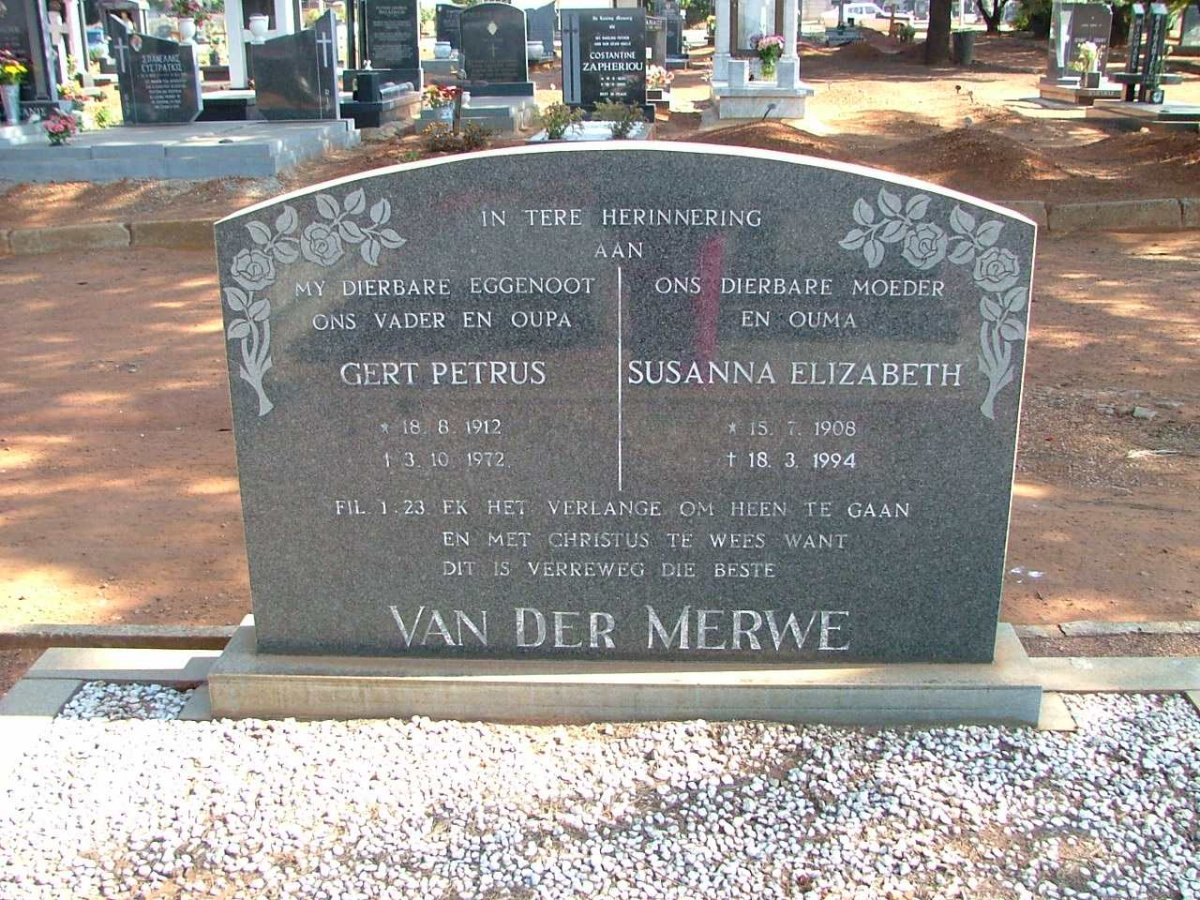 MERWE Gert Petrus, van der 1912-1972 &amp; Susanna Elizabeth 1908-1994