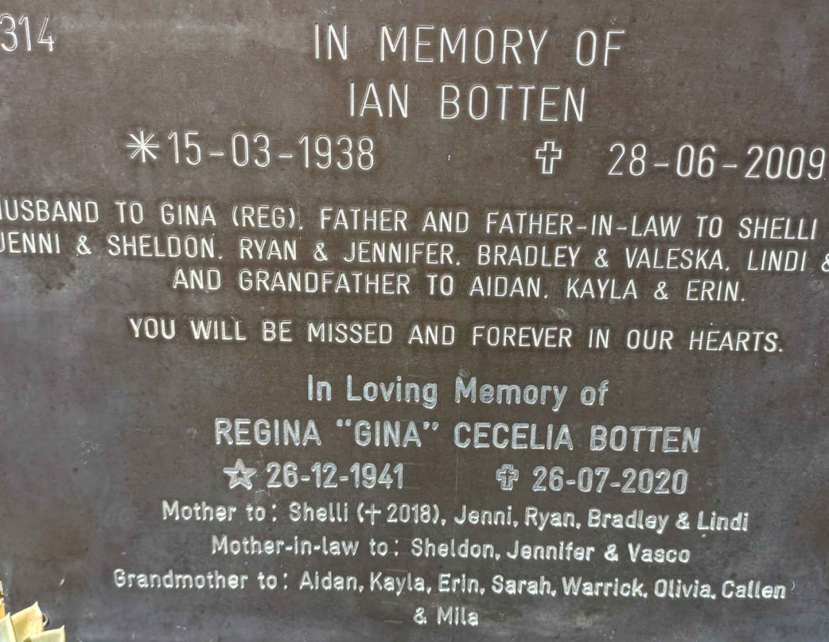 BOTTEN Ian 1938-2009 &amp; Regina Cecelia 1941-2020