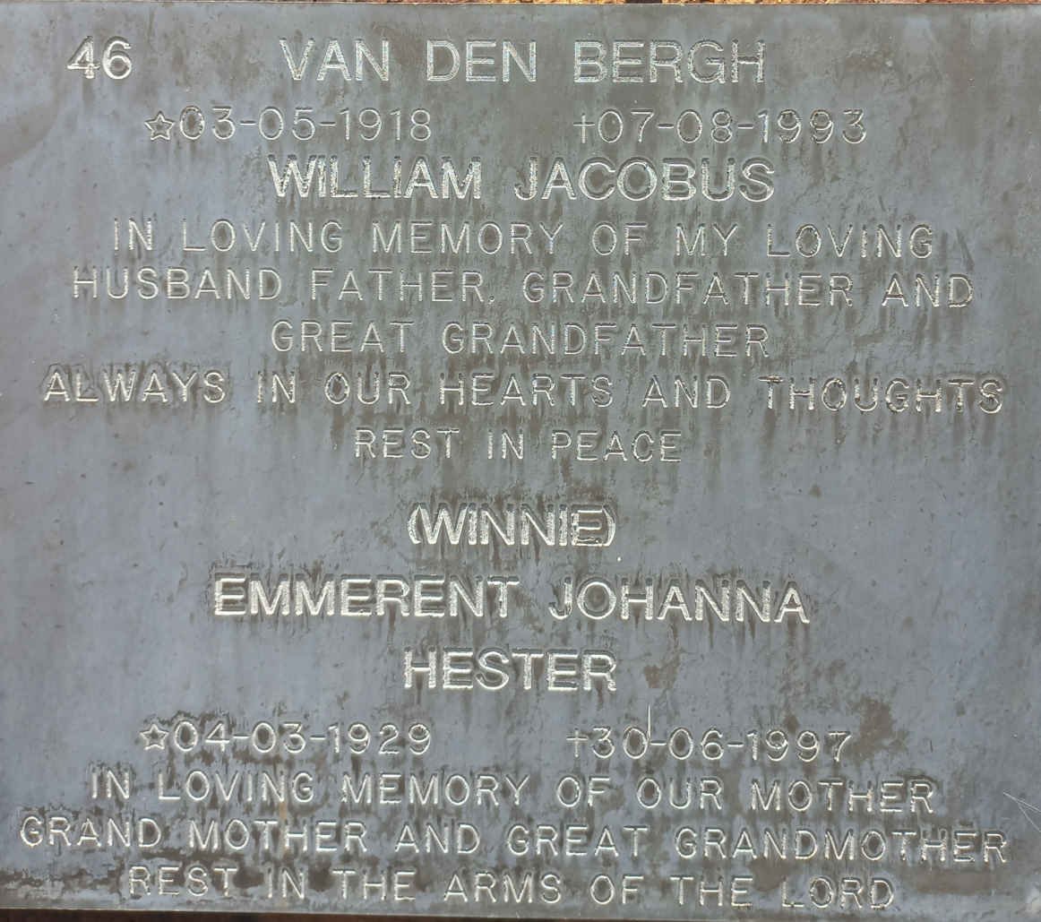 BERGH William Jacobus, van den 1918-1993 &amp; Emmerent Johanna Hester 1929-1997