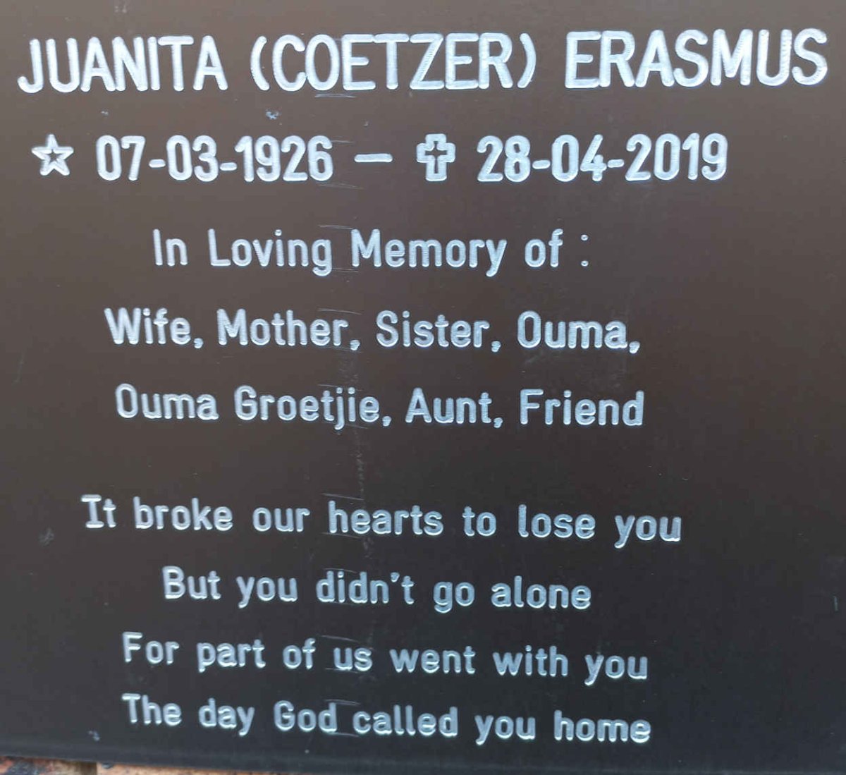 ERASMUS Juanita nee COETZER 1926-2019