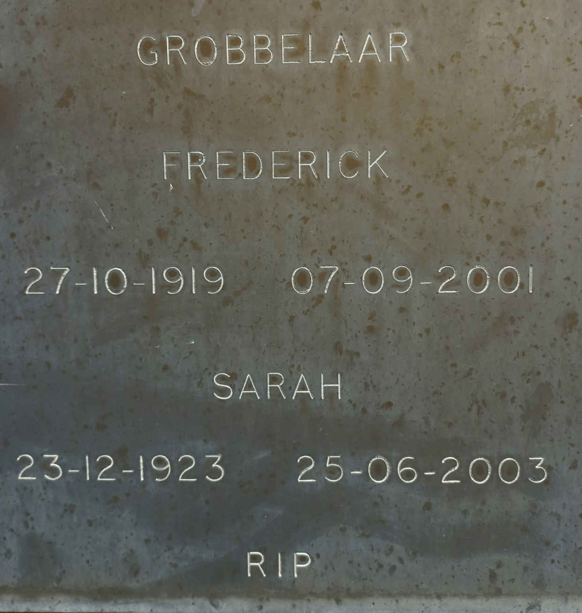 GROBBELAAR Frederick 1919-2001 &amp; Sarah 1923-2003