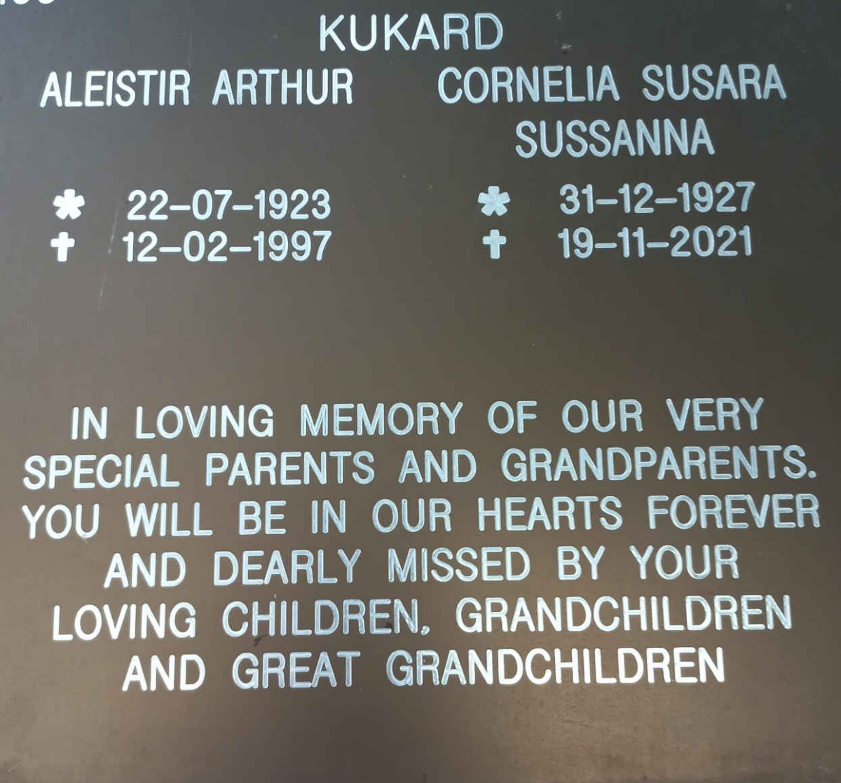 KUKARD Aleistir Arthur 1923-1997 &amp; Cornelia Susara Sussanna 1927-2021