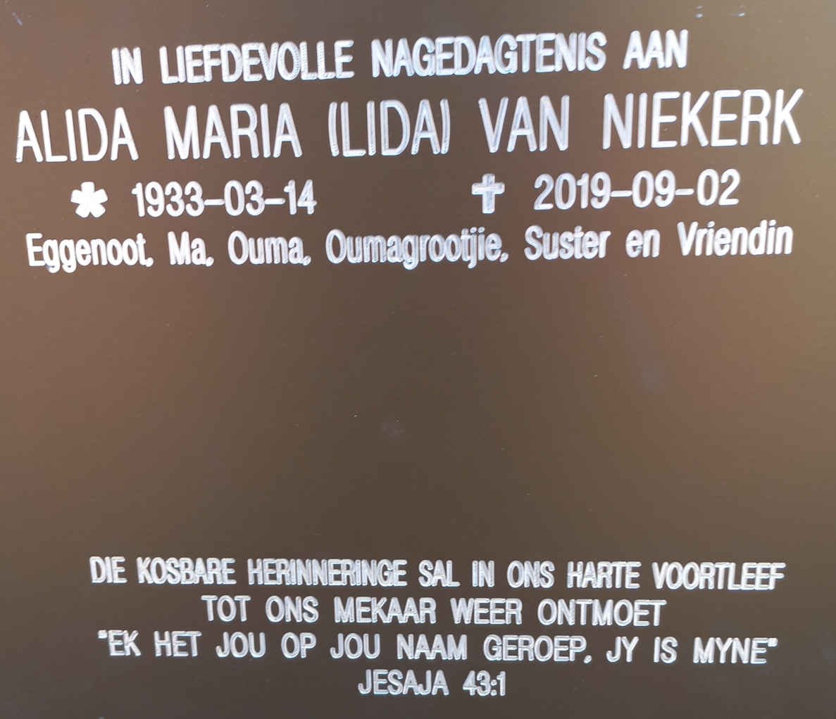 NIEKERK Alida Maria, van 1933-2019