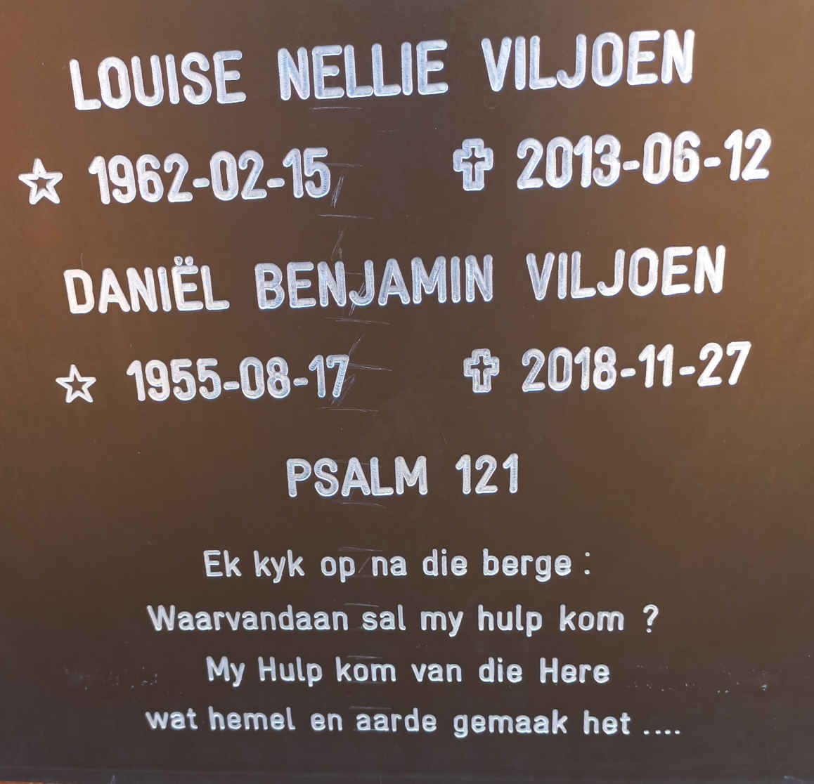 VILJOEN Daniel Benjamin 1955-2018 &amp; Louise Nellie 1962-2013