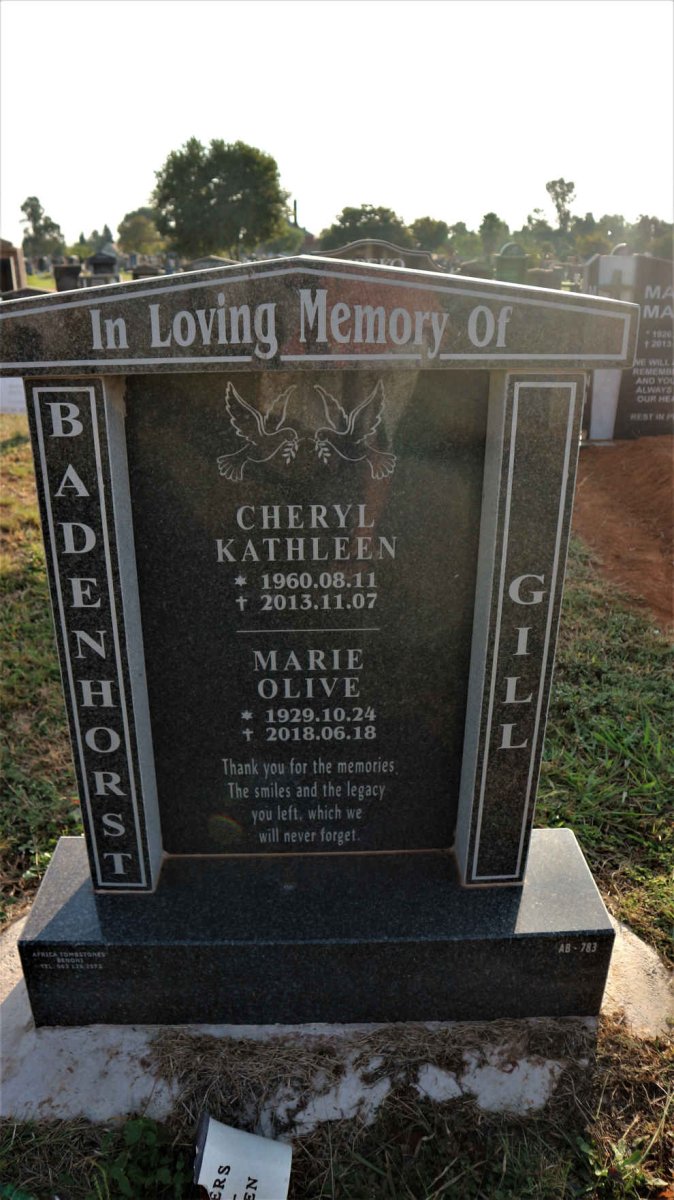 GILL Marie Olive 1929-2018 :: BADENHORST Cheryl Kathleen 1960-2013