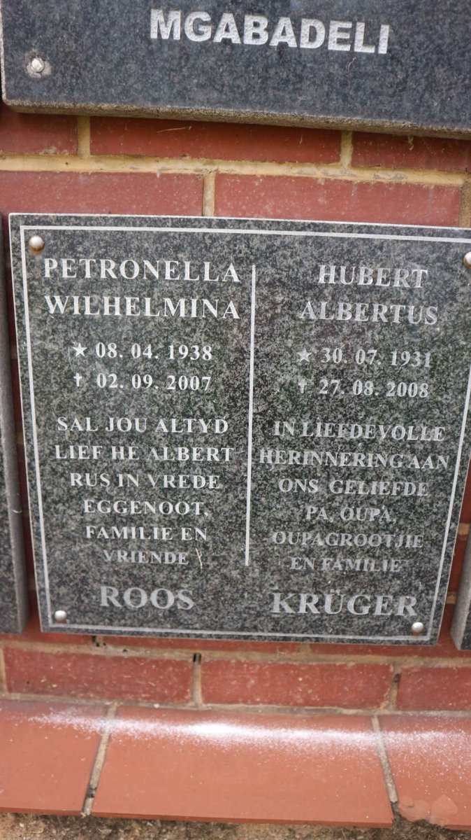 KRUGER Hubert Albertus 1931-2008 &amp; Petronella Wilhelmina ROOS 1938-2007