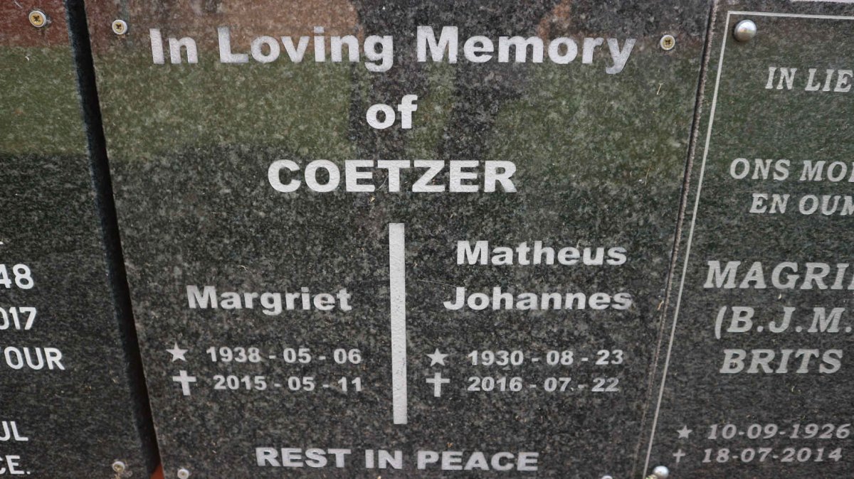 COETZER Matheus Johannes 1930-2016 &amp; Margriet 1938-2015