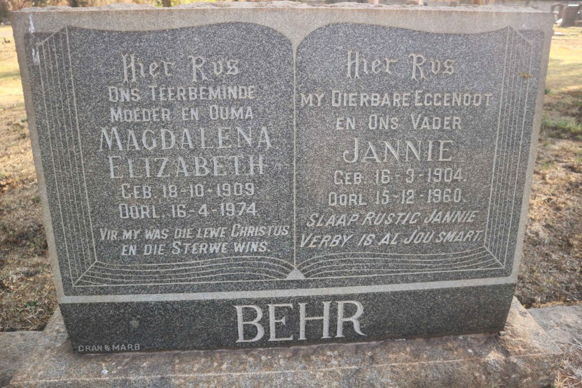 BEHR Jannie 1904-1960 & Magdalena Elizabeth 1909-1974