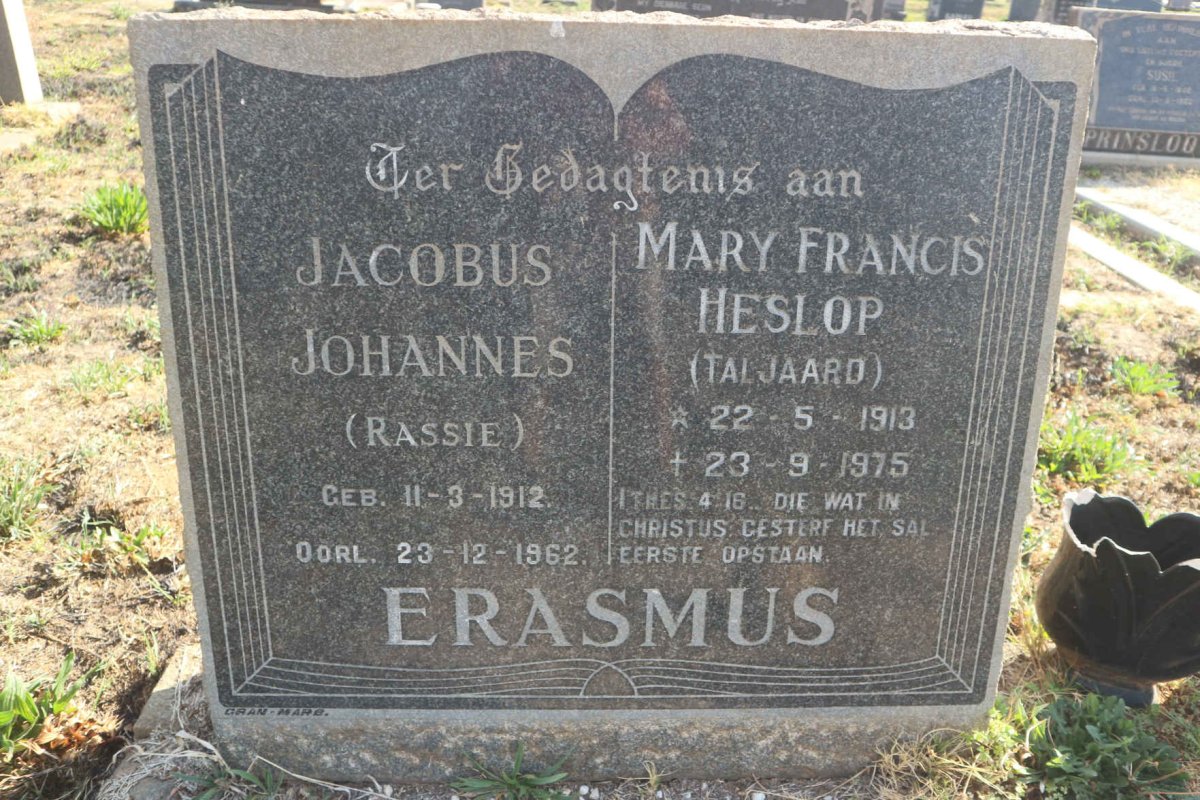 ERASMUS Jacobus Johannes 1912-1962 & Mary Francis Heslop TALJAARD 1913-1975