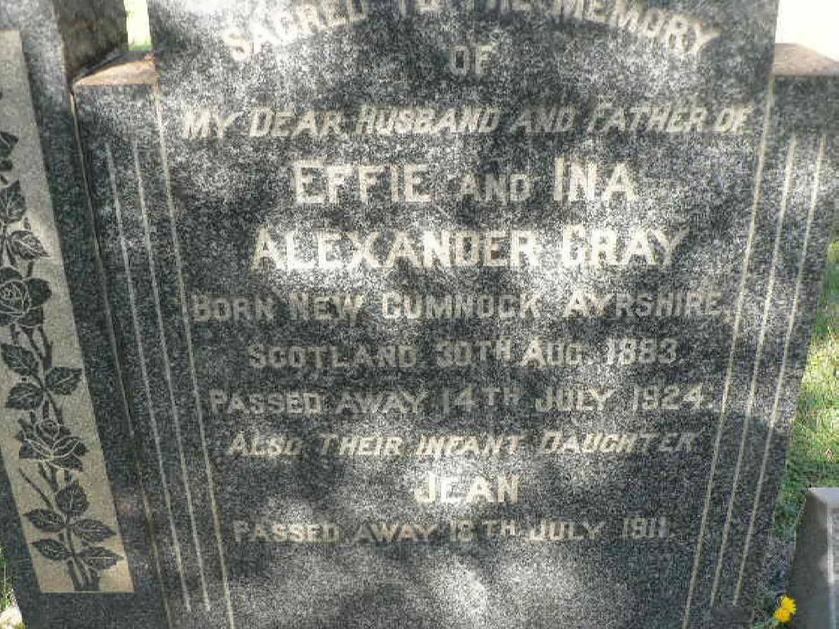 GRAY Alexander -1924 :: GRAY Jean -1911 :: MUIR Rebecca Harrison -1970 :: WEATHERBURN Euphemia McVigar nee GRAY 1910-1942