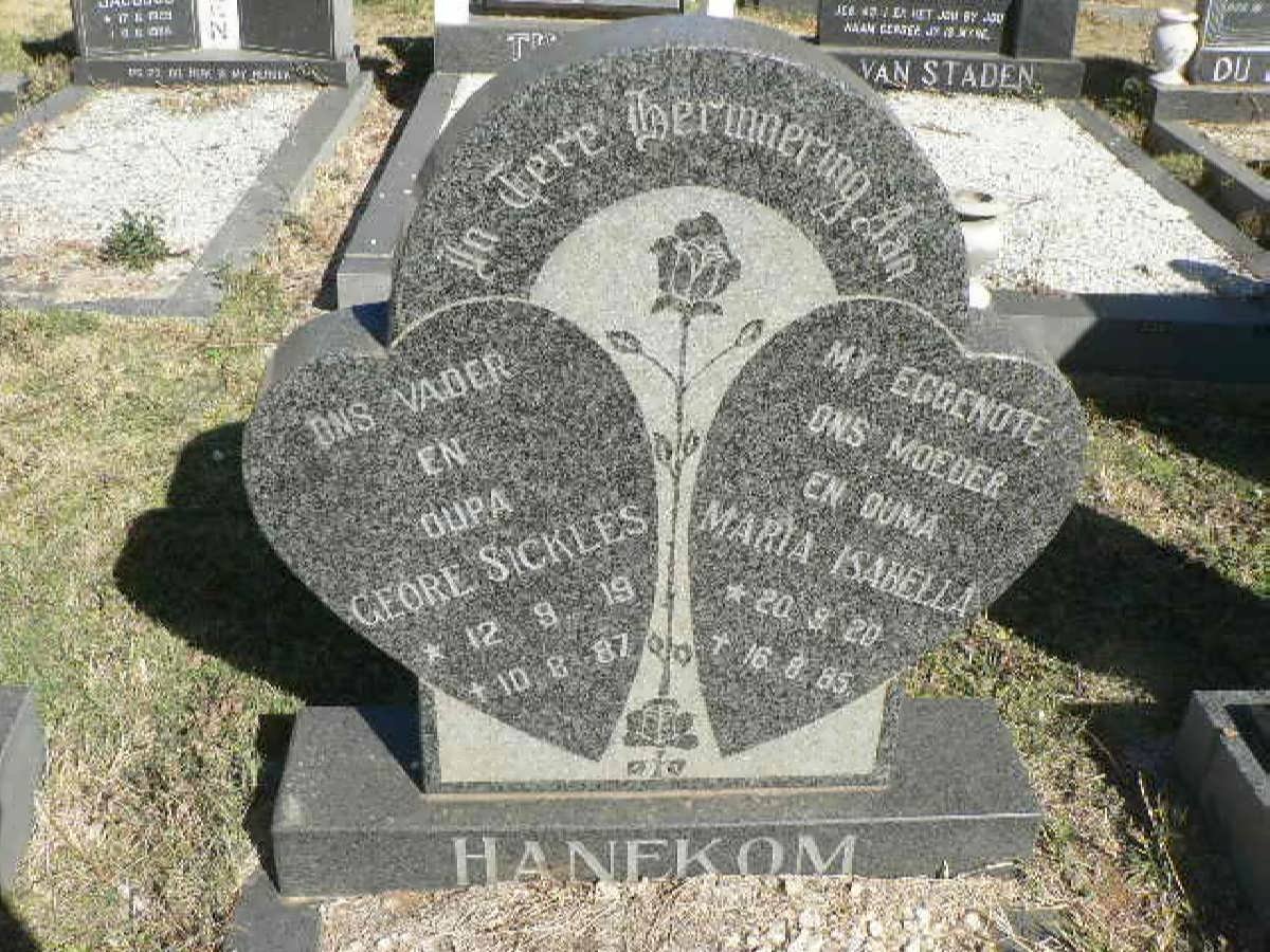 HANEKOM George Sickles 1919-1987 &amp; Maria Isabella 1920-1985