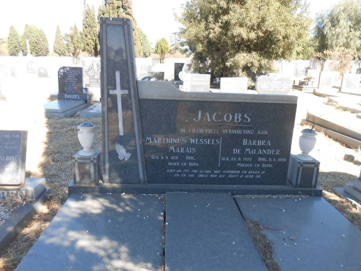 JACOBS Marthinus Wessels Marais 1931- &amp; Barbara de Milander 1920-1988