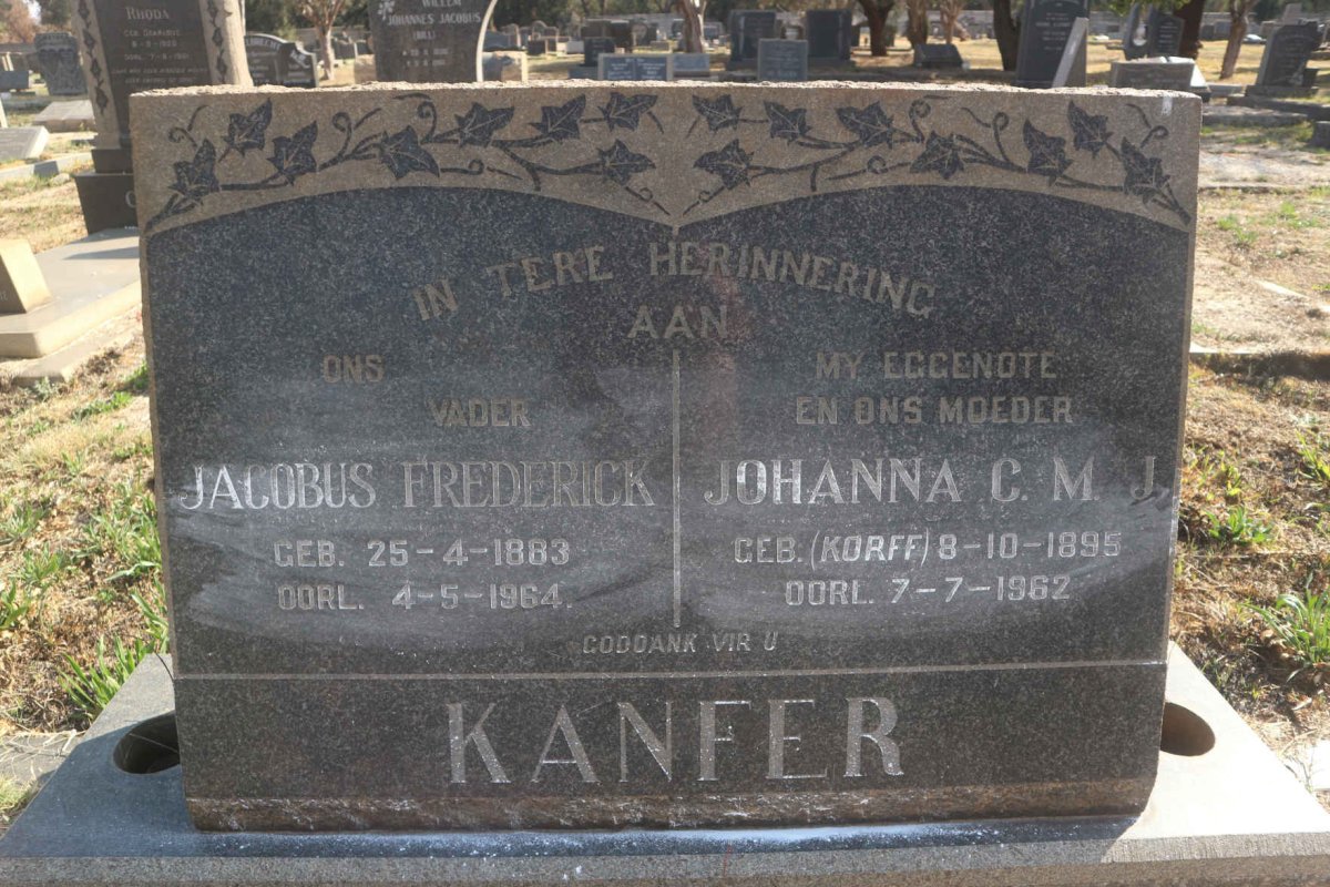 KANFER Jacobus Frederick 1883-1964 & Johanna C.M.J. KORFF 1895-1962