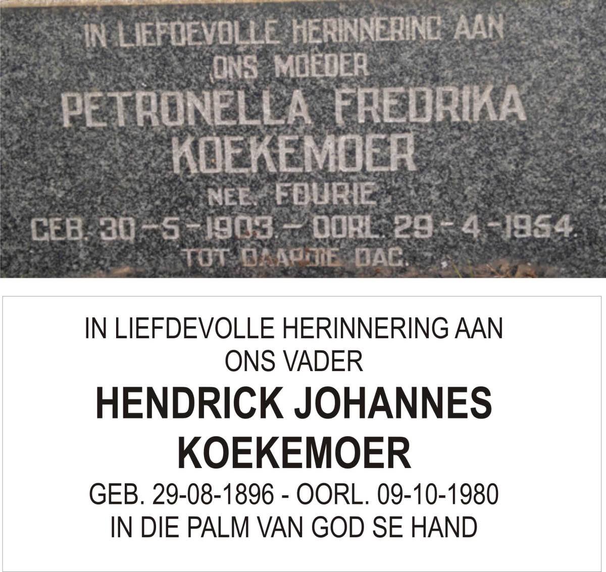 KOEKEMOER Hendrik Johannes 1896-1980 &amp; Petronella Fredrika FOURIE 1903-1954