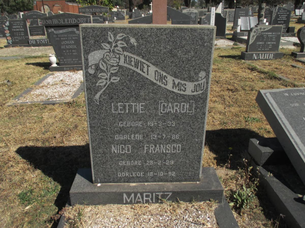 MARITZ Nico Fransco 1929-1992 &amp; Lettie 1933-1986