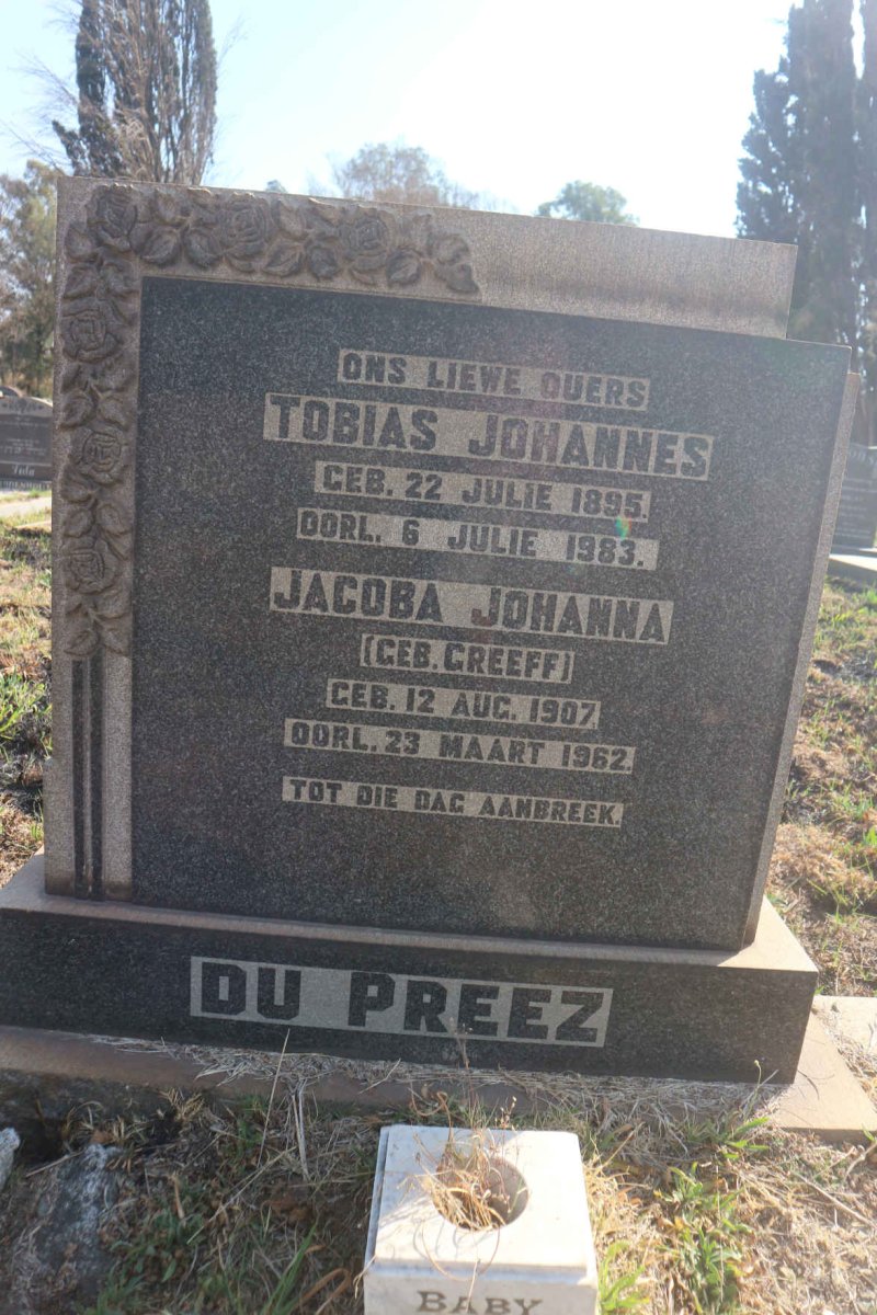PREEZ Tobias Johannes, du 1895-1983 & Jacoba Johanna GREEFF 1907-1962