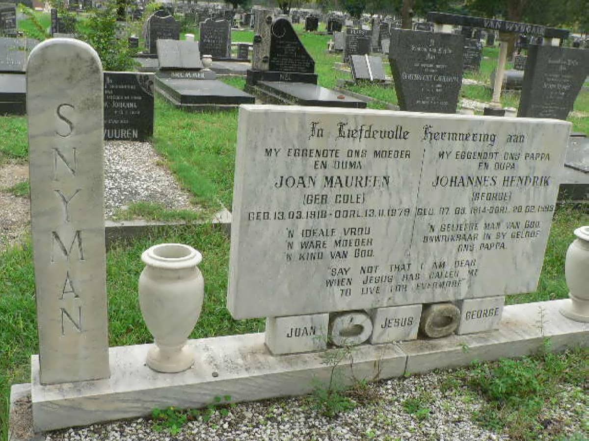 SNYMAN Johannes Hendrik 1914-1999 &amp; Joan Maureen COLE 1918-1979