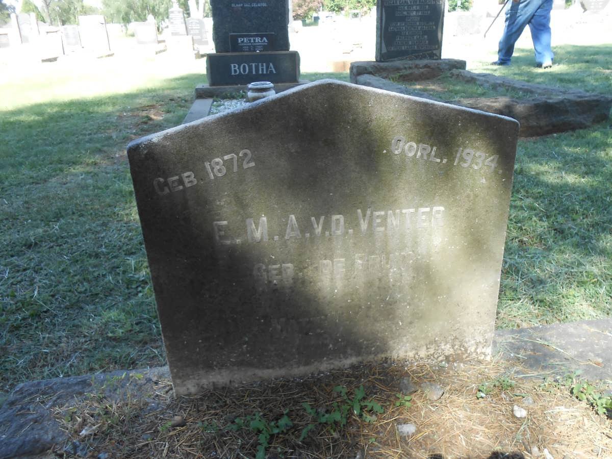 VENTER E.M.A., v.d. nee DE BRUIN 1872-1934