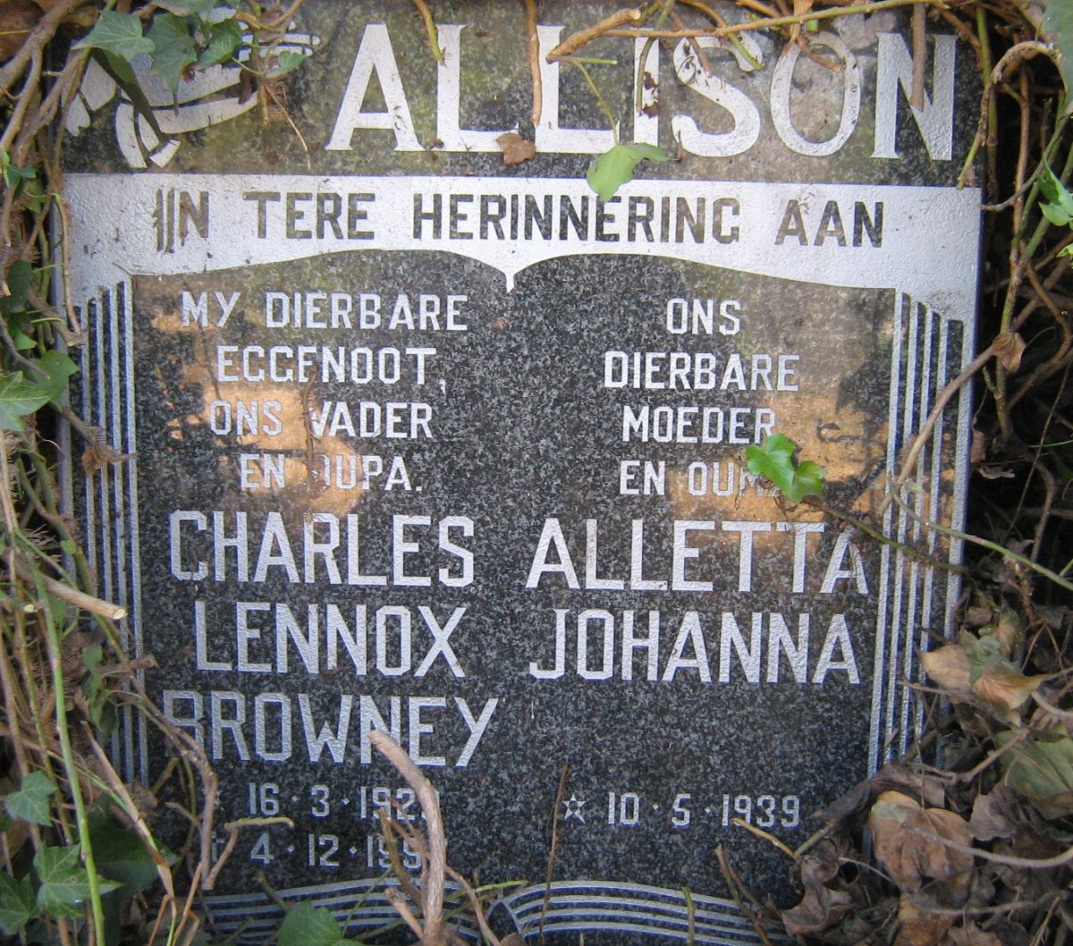 ALLISON Charles Lennox Browney 192?-199? &amp; Aletta Johanna 1939-