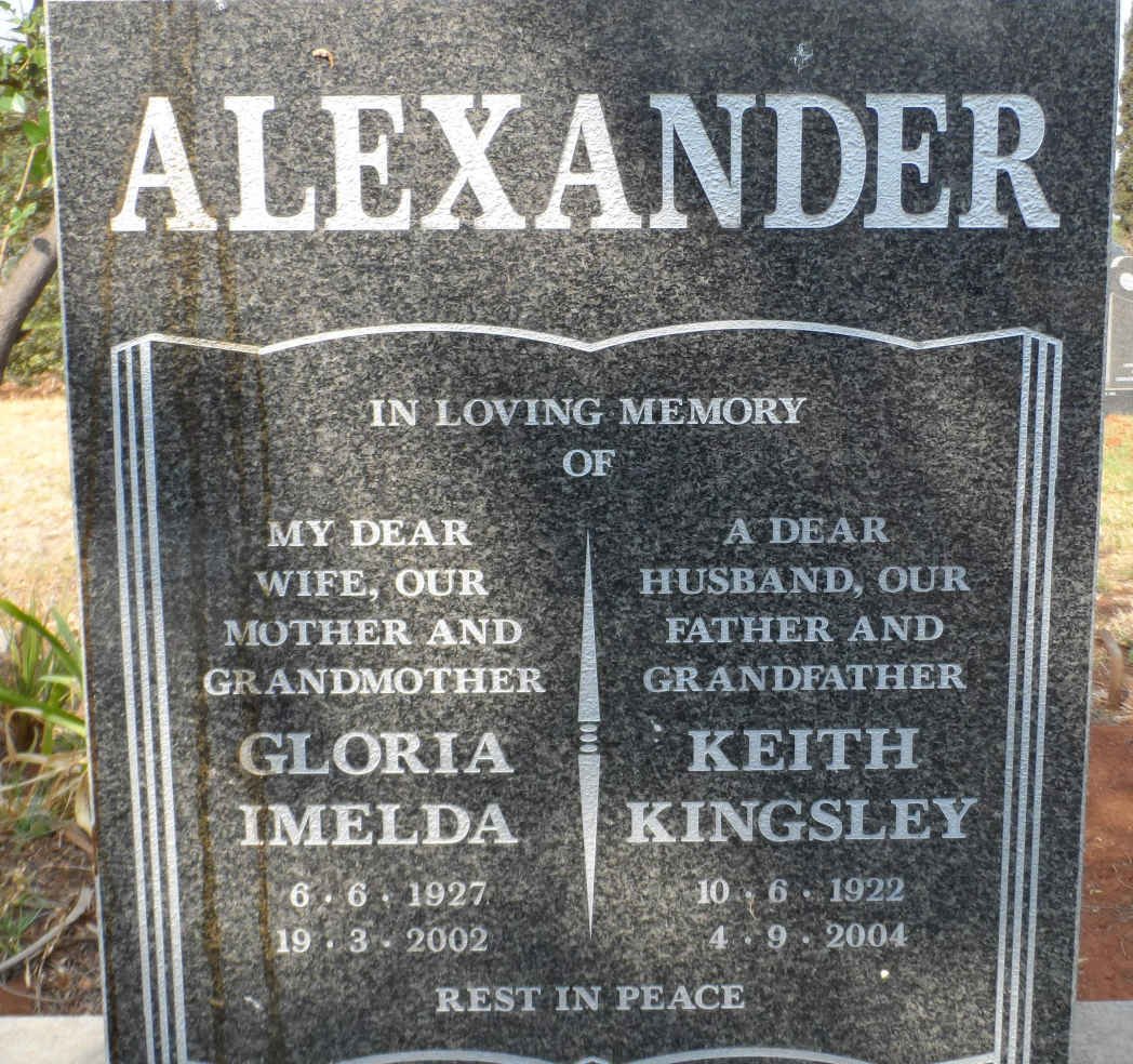 ALEXANDER Keith Kingdley 1922-2004 &amp; Gloria Imelda 1927-2002