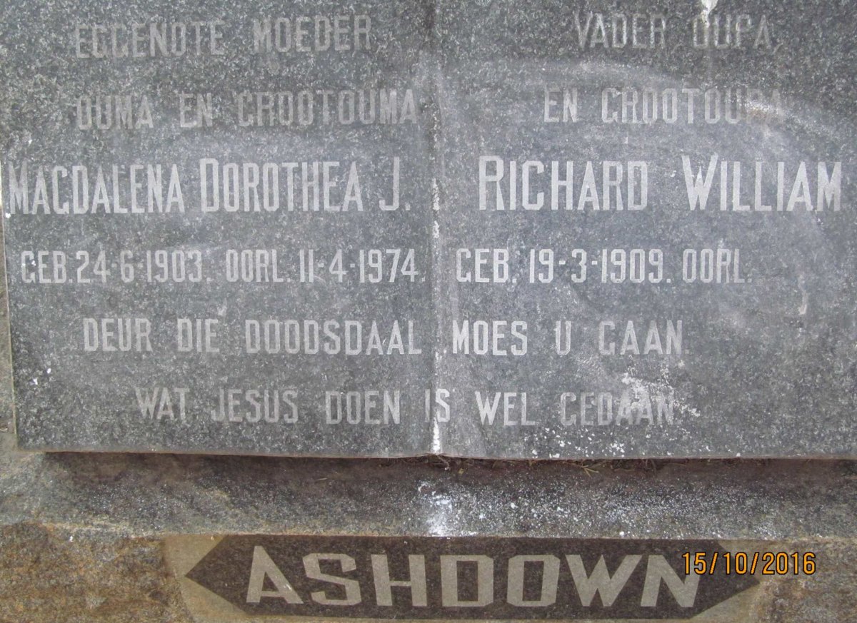 ASHDOWN Richard William 1909- &amp; Magdalena Dorothea J. 1903-1974