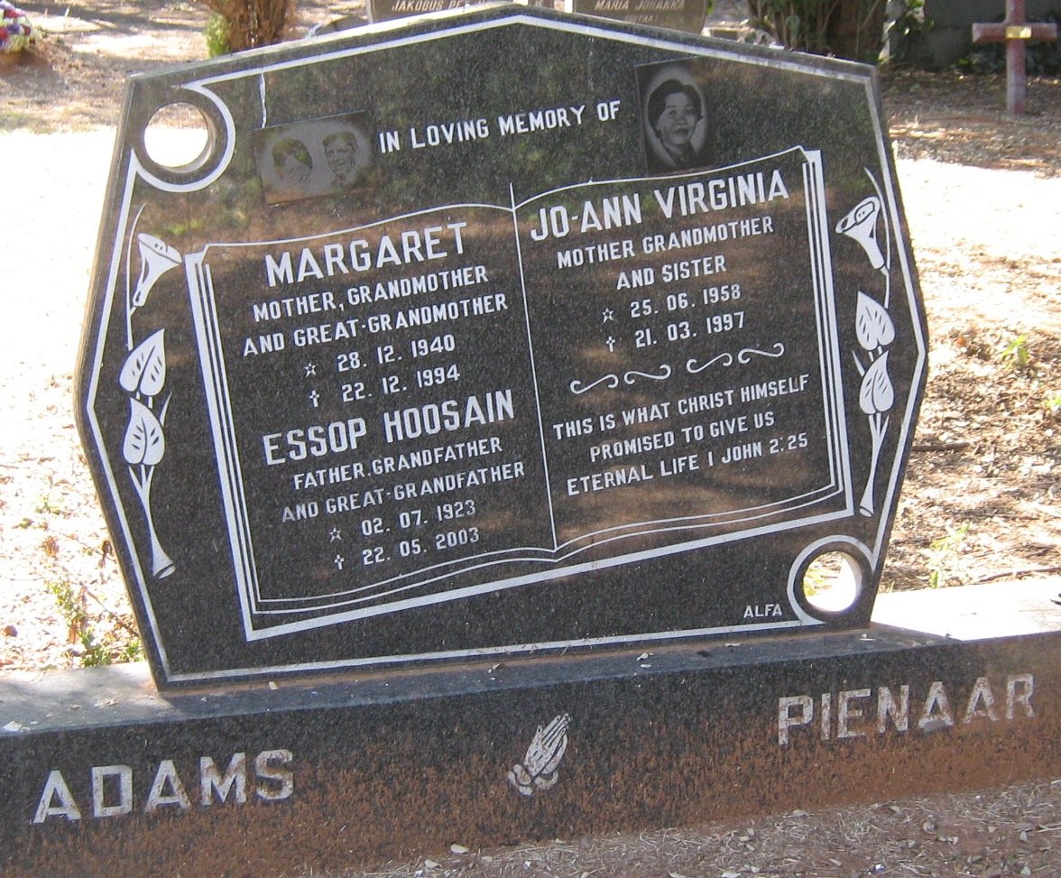 ADAMS Essop Hoosain 1923-2003 &amp; Margaret 1940-1994 :: PIENAAR Jo-Ann Virginia 1958-1997