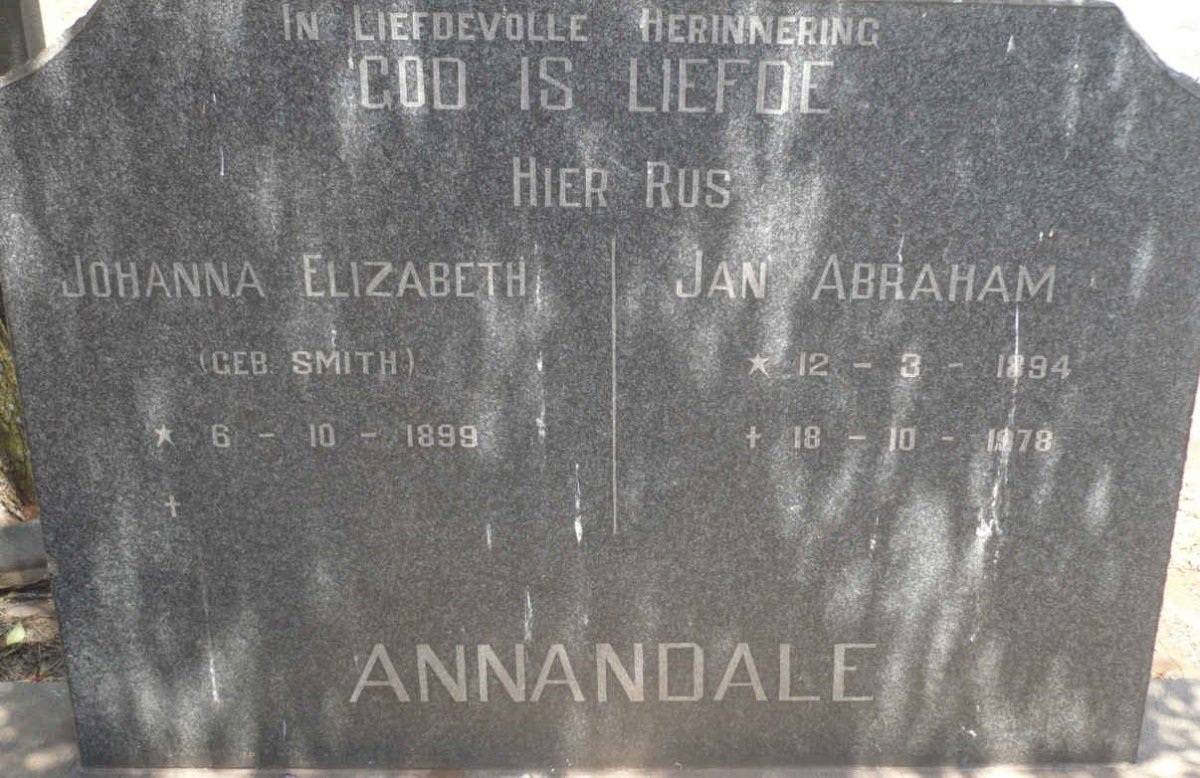 ANNANDALE Jan Abraham 1894-1978 &amp; Johanna Elizabeth SMITH 1899-