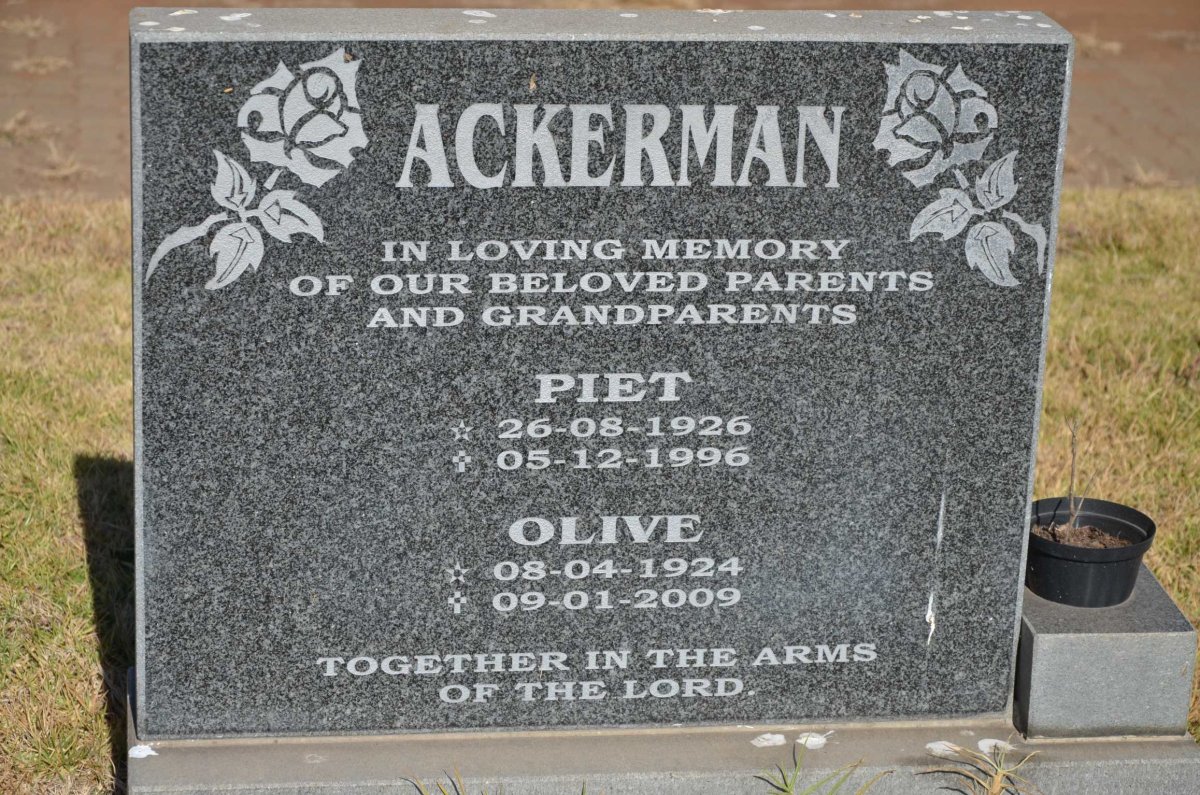 ACKERMAN Piet 1926-1996 &amp; Olive 1924-2009
