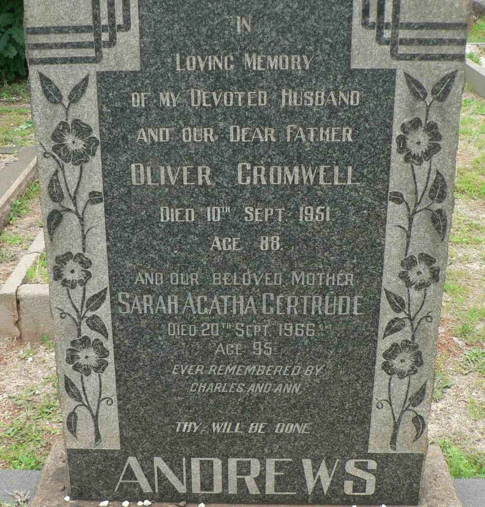 ANDREWS Oliver Cromwell -1951 &amp; Sarah Agatha Gertrude -1966