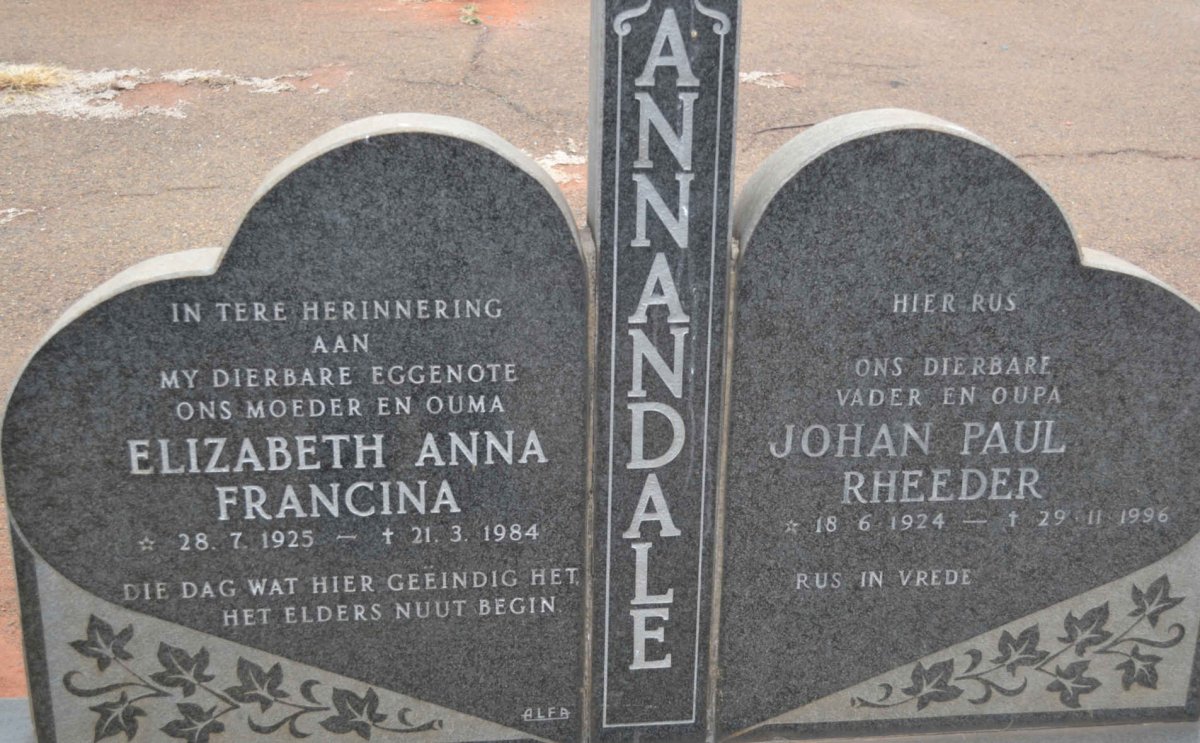 ANNANDALE Johan Paul Rheeder 1924-1996 &amp; Elizabeth Anna Francina 1925-1984