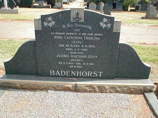 BADENHORST Jacobus Marthinus Steyn 1879-1954 &amp; Anna Catharina Francina DE KLERK 1879-1950