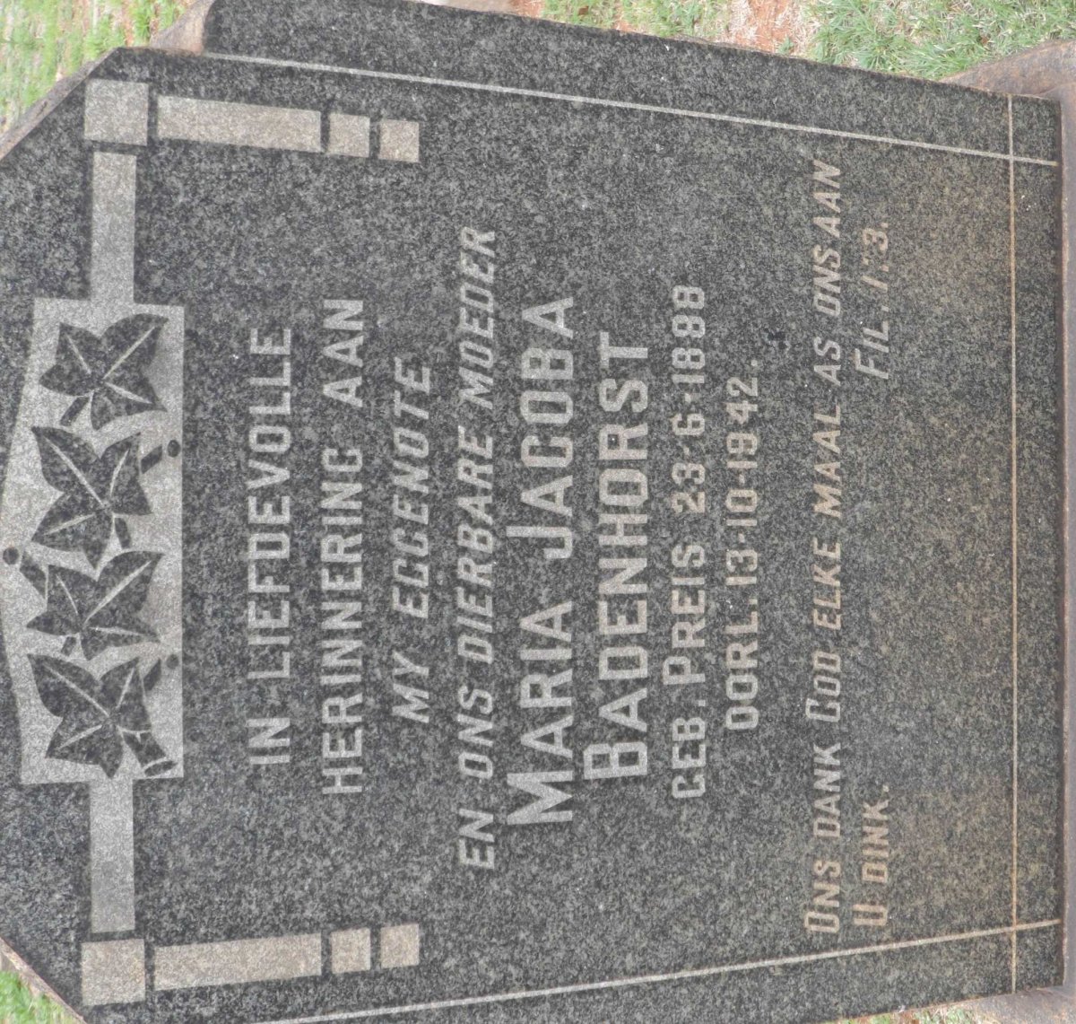 BADENHORST Maria Jacoba nee PREIS 1888-1942