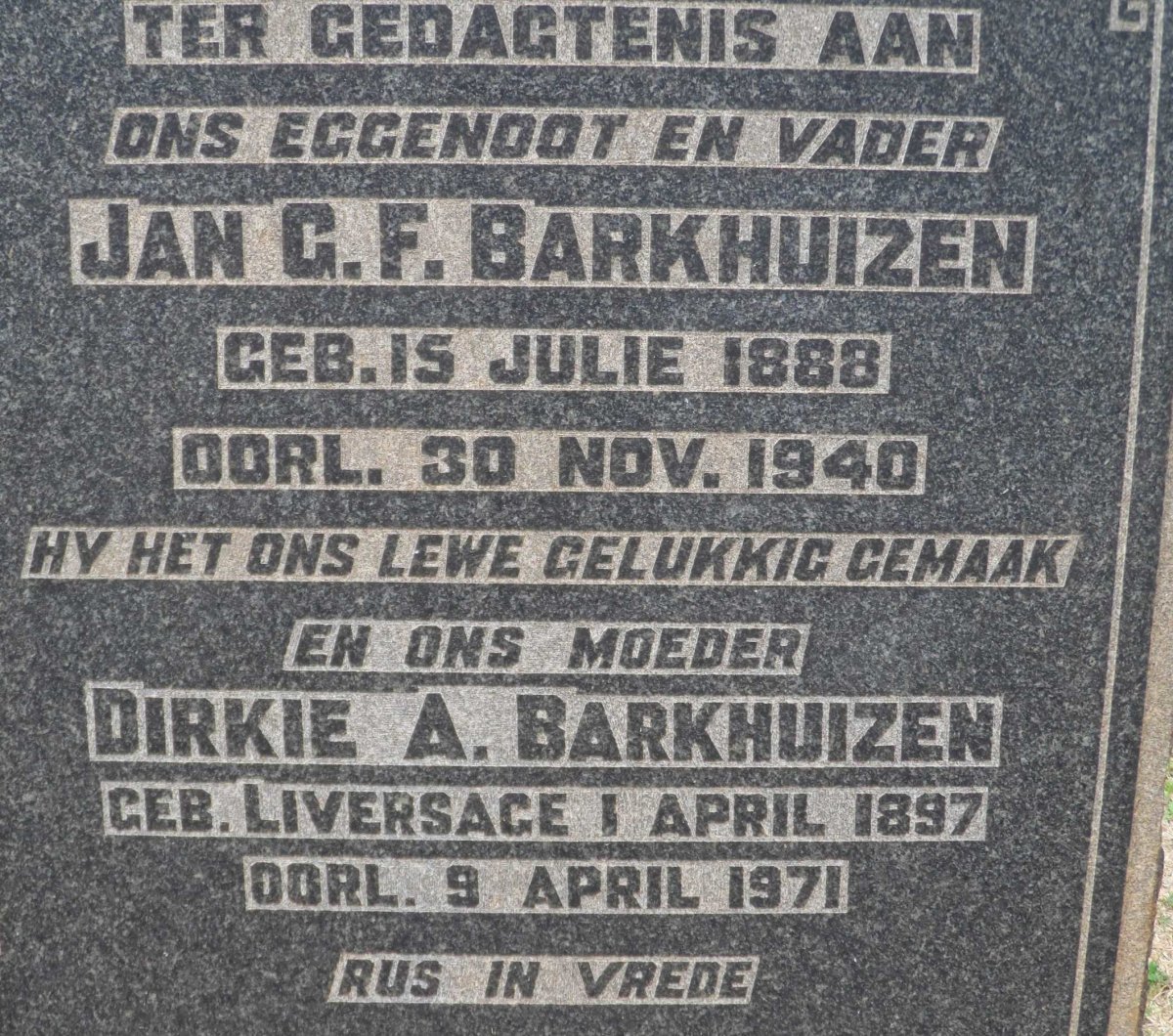 BARKHUIZEN Jan G.F. 1888-1940 &amp; Dirkie A. LIVERSAGE 1897-1971