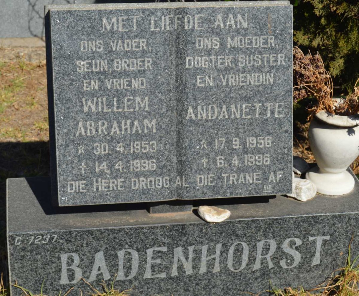 BADENHORST Willem Abraham 1953-1996 &amp; Andanette 1956-1996