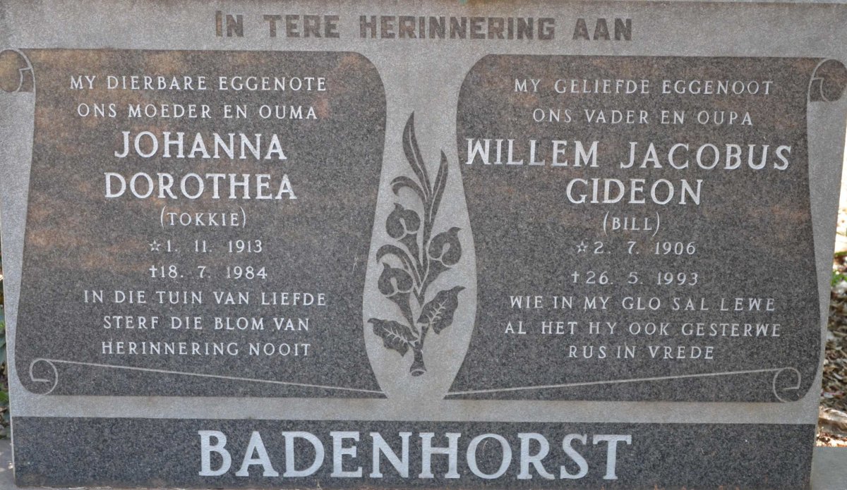 BADENHORST Willem Jacobus Gideon 1906-1993 &amp; Johanna Dorothea 1913-1984
