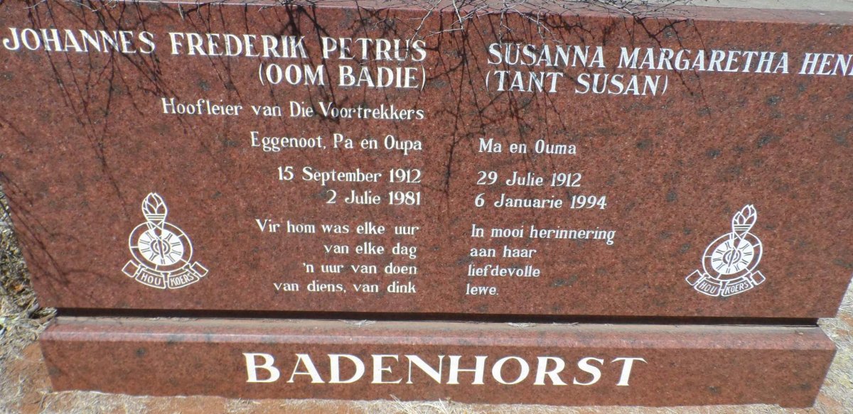 BADENHORST Johannes Frederik Petrus 1912-1981 &amp; Susanna Margaretha Hen? 1912-1994