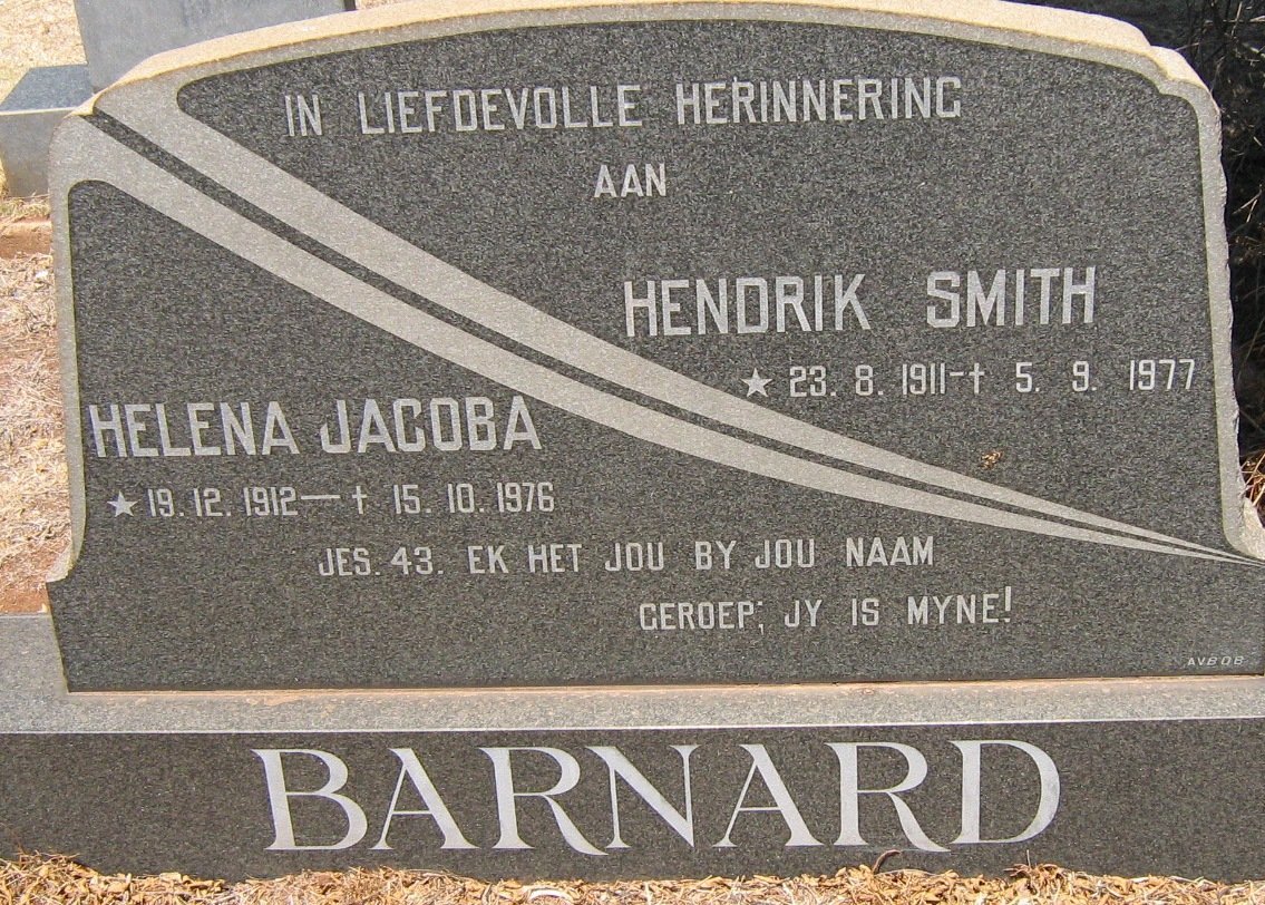 BARNARD Hendrik Smith 1911-1977 &amp; Helena Jacoba 1912-1976