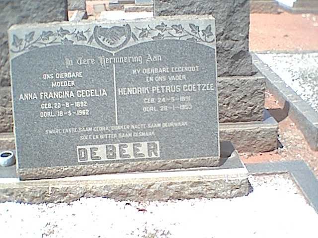 BEER Hendrik Petrus Coetzee, de 1891-1953 &amp; Anna Francina Cecelia 1892-1962