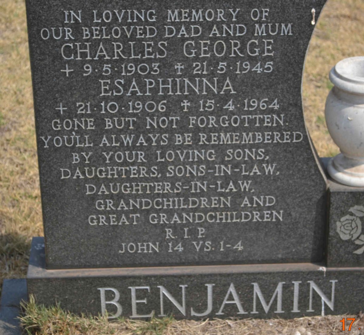 BENJAMIN Charles George 1903-1945 &amp; Esaphinna 1906-1964