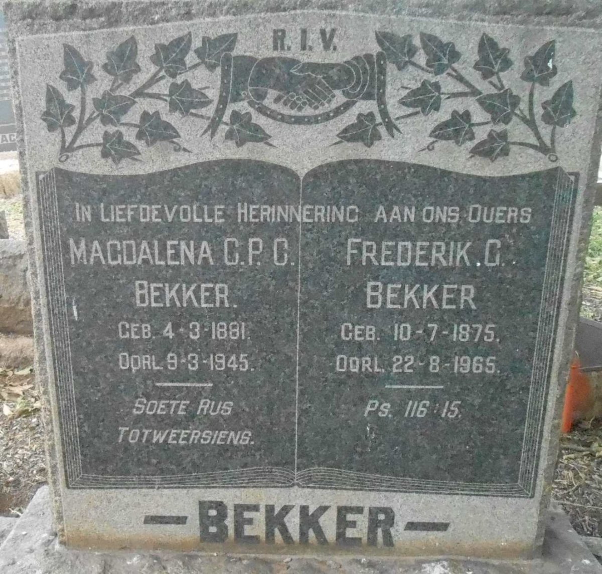 BEKKER Frederik G. 1875-1965 &amp; Magdalena C. P. C. 1881-1945