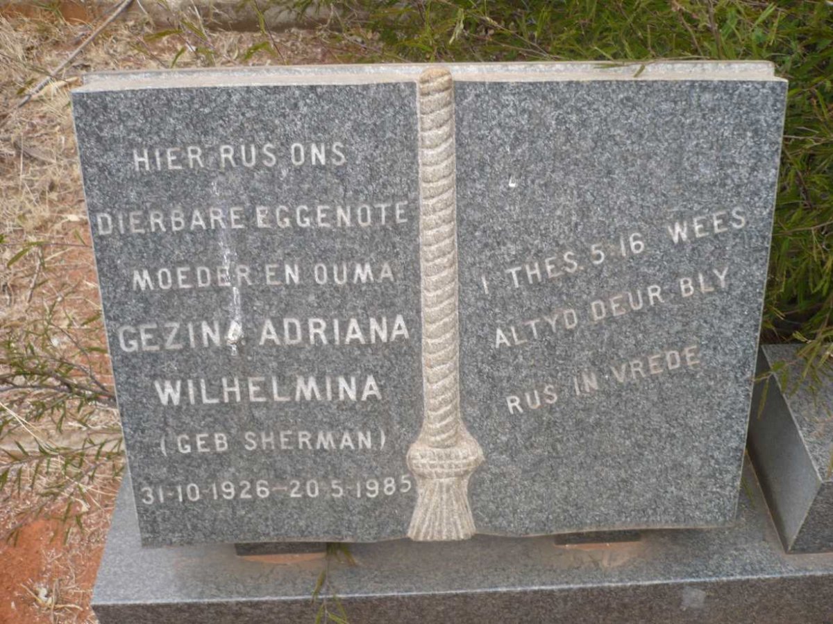 BEKKER Gezina Adriana Wilhelmina SHERMAN 1926-1985