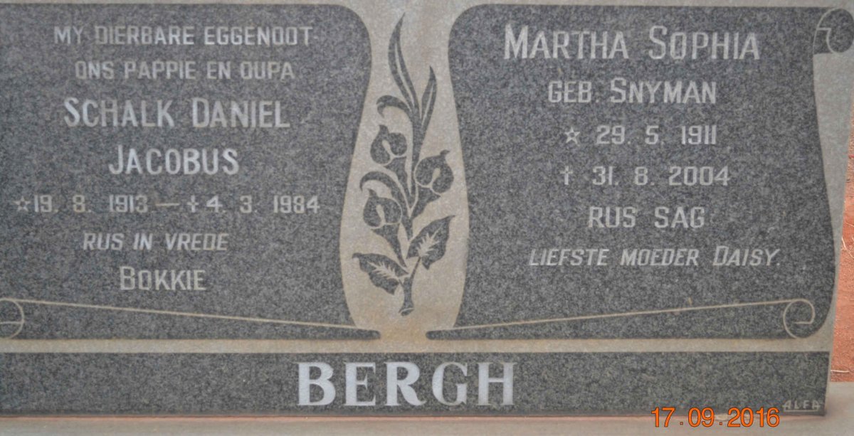 BERGH Schalk Daniel Jacobus 1913-1984 &amp; Martha Sophia SNYMAN 1911-2004