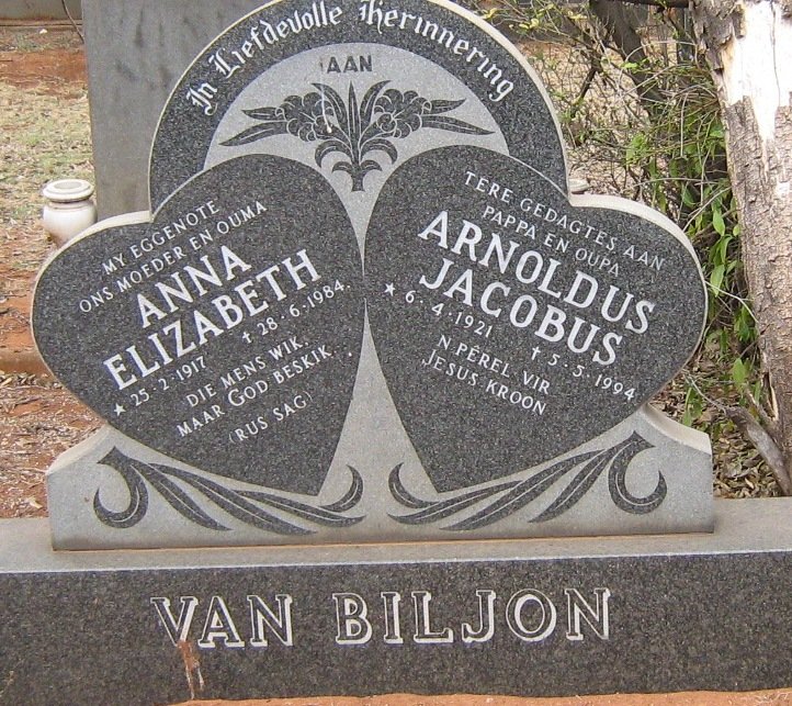 BILJON Arnold Jacobus, van 1921-1994 &amp; Anna Elizabeth 1917-1984