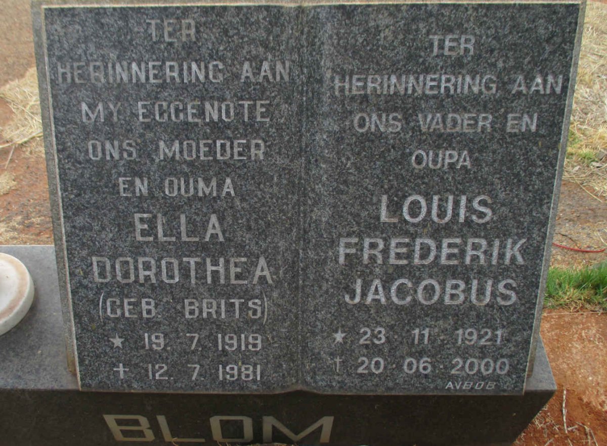 BLOM Louis Frederik Jacobus 1921-2000 &amp; Ella Dorothea BRITS 1919-1981