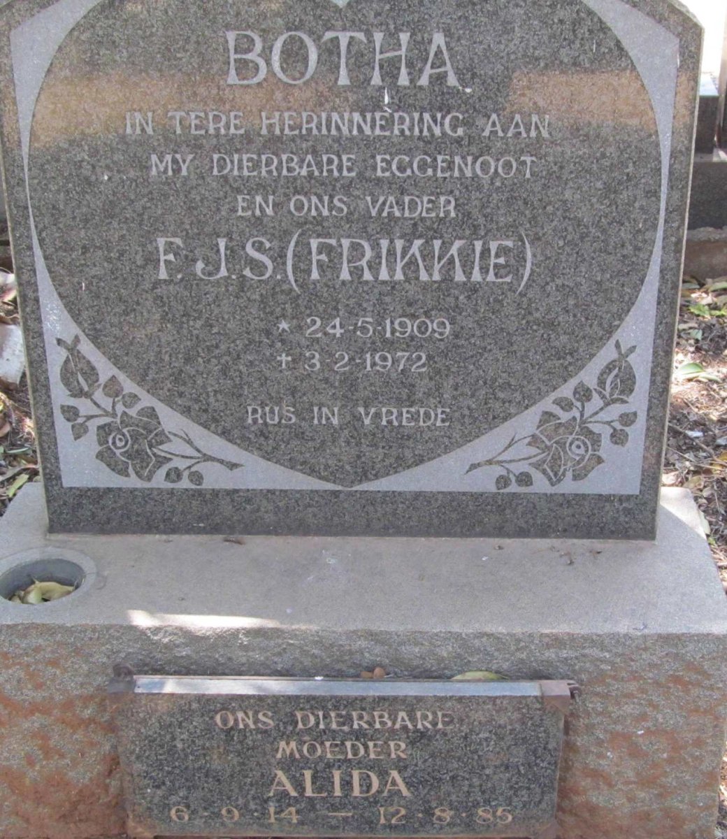 BOTHA F.J.S. 1909-1972 &amp; Alida 1914-1985