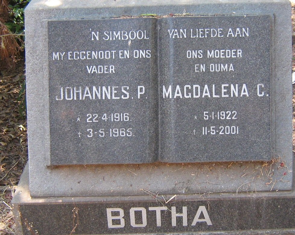 BOTHA Johannes P. 1916-1965 &amp; Magdalena C. 1922-2001