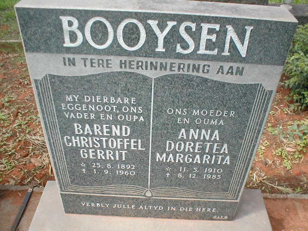 BOOYSEN Barend Christoffel Gerrit 1892-1960 &amp; Anna Doretea Margarita 1910-1985