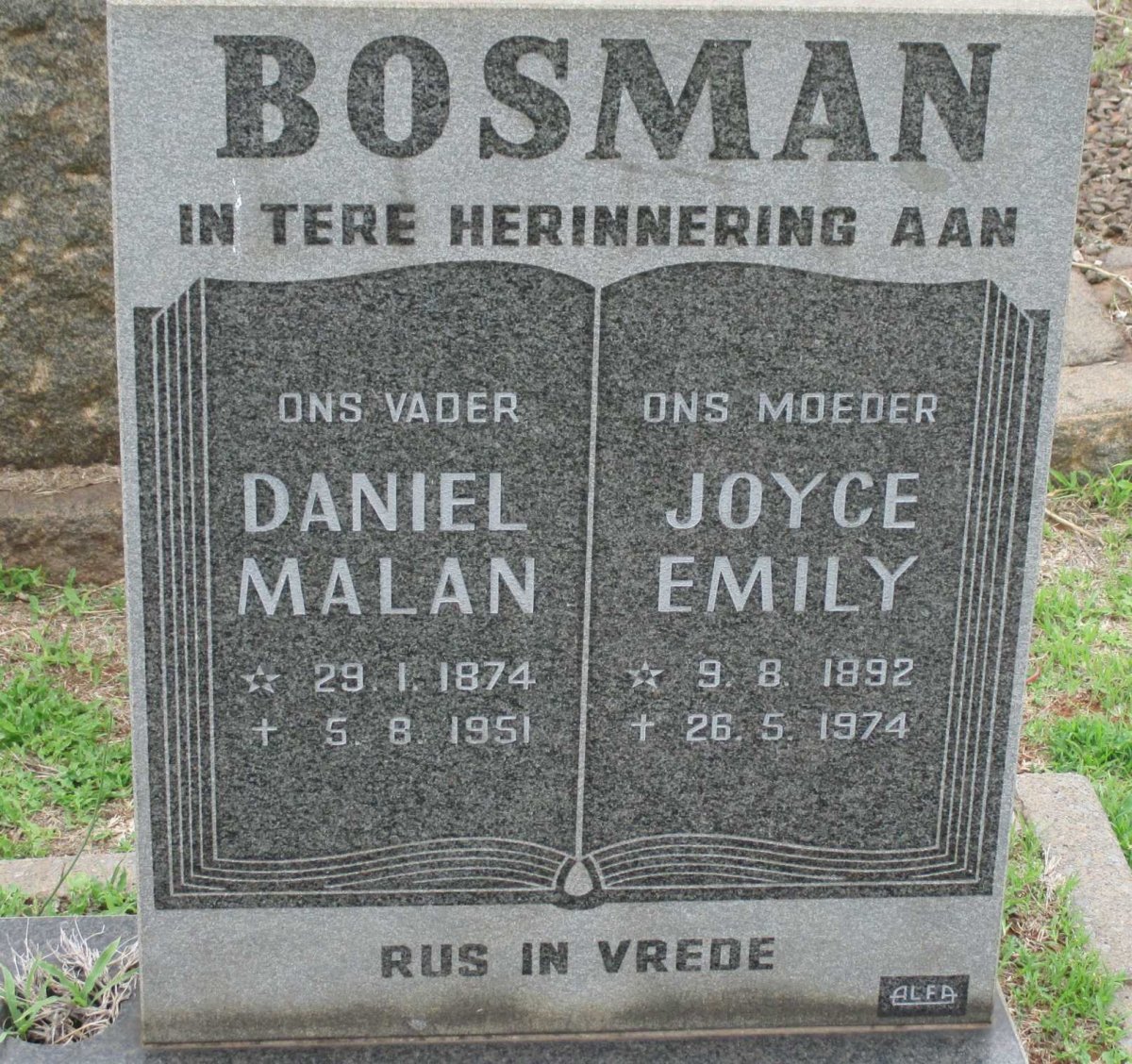 BOSMAN Daniel Malan 1874-1951 &amp; Joyce Emily 1892-1974