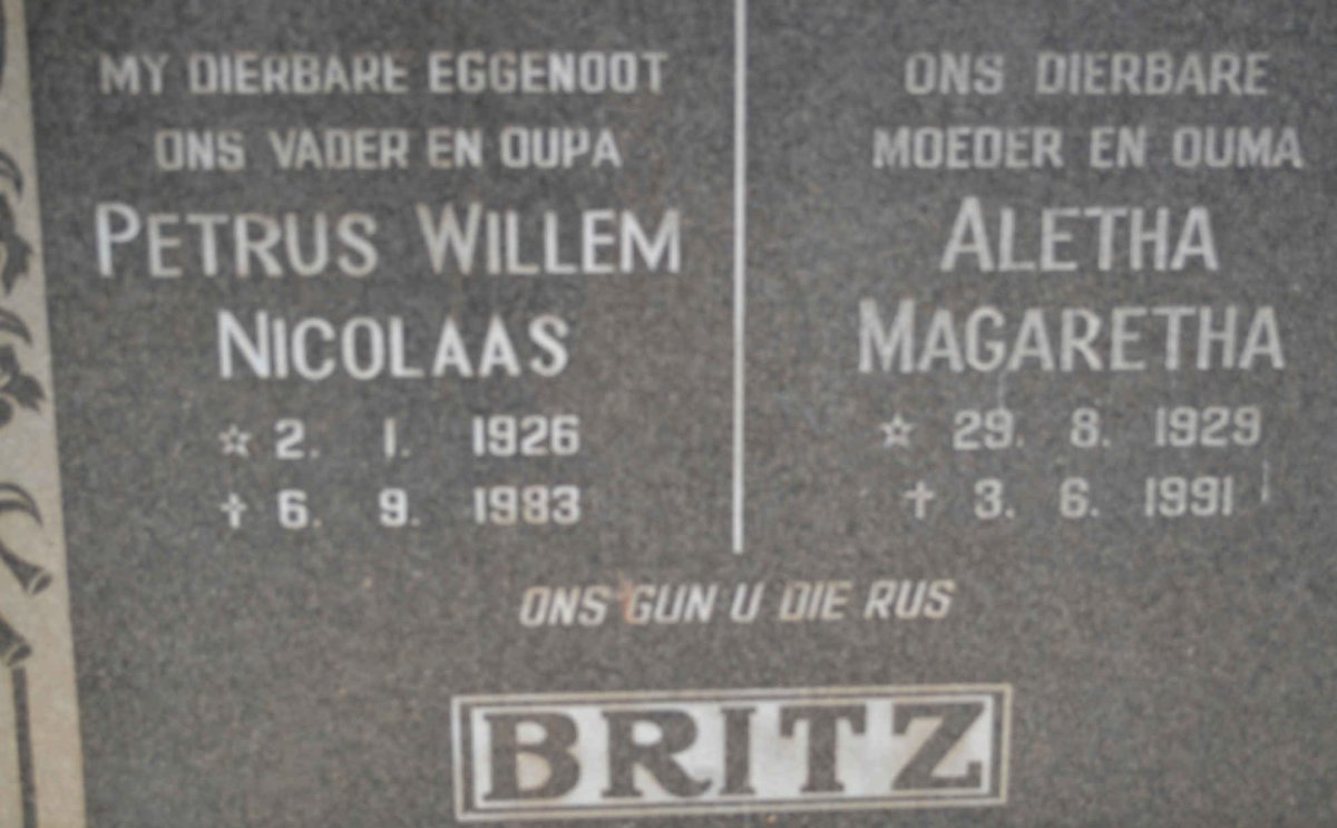 BRITZ Petrus Willem Nicolaas 1926-1983 &amp; Aletha Magaretha 1929-1991