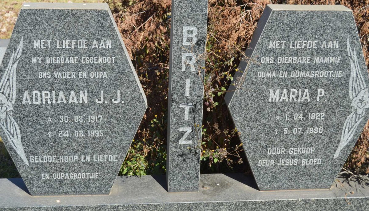 BRITZ Adriaan J.J. 1917-1995 &amp; Maria P. 1922-1998